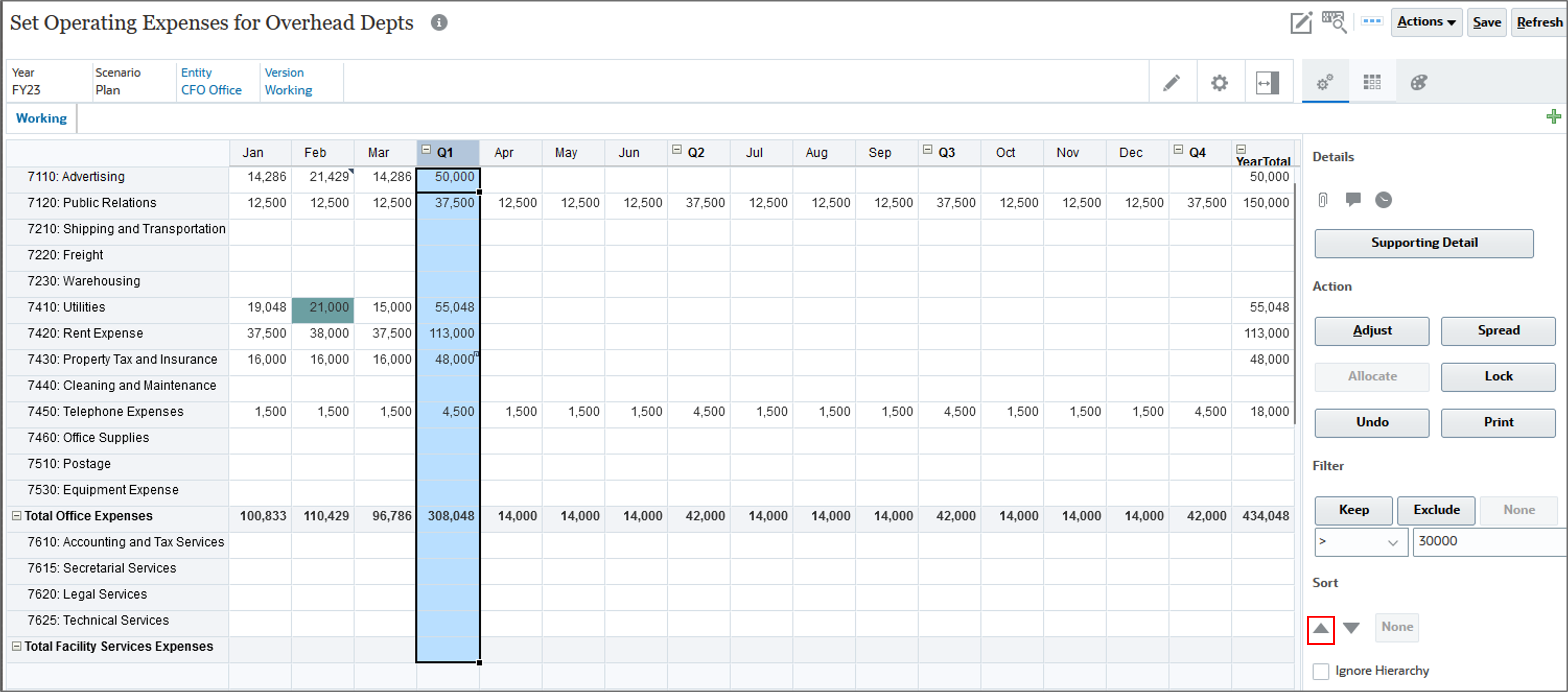 Expense form with Q1 selected and Sort Ascending Highlighted